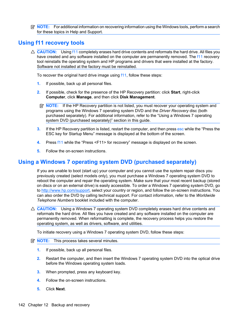 Using f11 recovery tools | HP ProBook 6450b Notebook-PC User Manual | Page 152 / 181