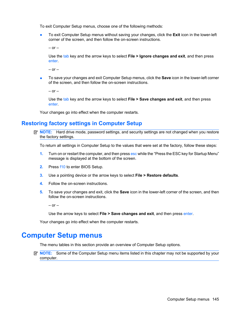 Restoring factory settings in computer setup, Computer setup menus | HP ProBook 6450b Notebook-PC User Manual | Page 155 / 181