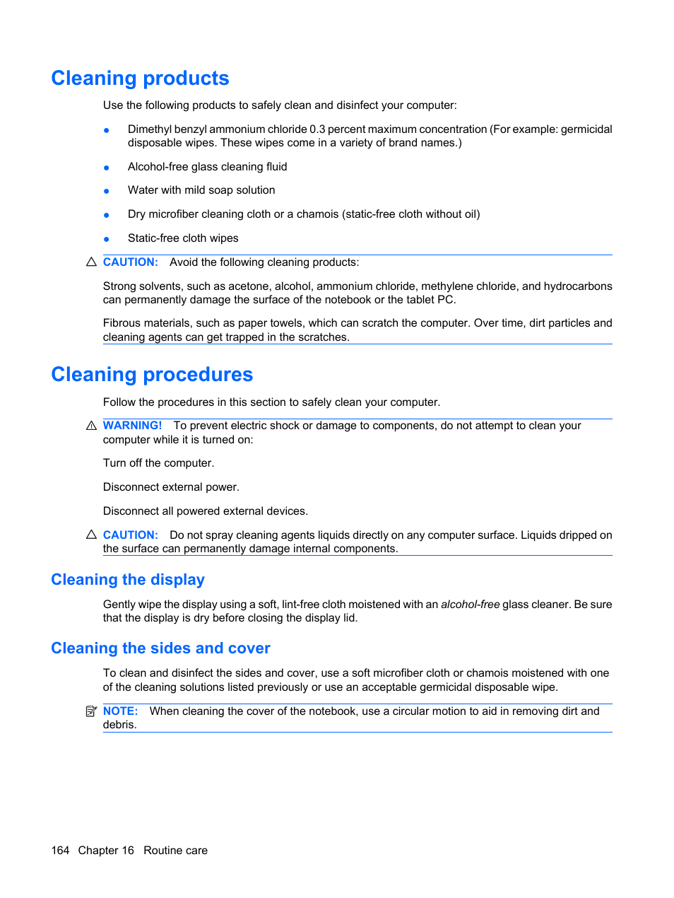 Cleaning products, Cleaning procedures, Cleaning the display | Cleaning the sides and cover, Cleaning products cleaning procedures, Cleaning the display cleaning the sides and cover | HP ProBook 6450b Notebook-PC User Manual | Page 174 / 181