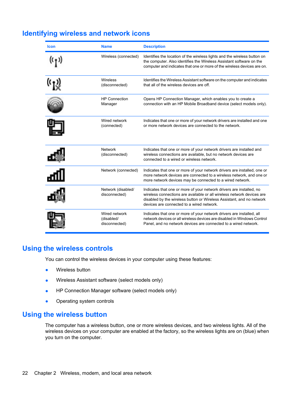 Identifying wireless and network icons, Using the wireless controls, Using the wireless button | HP ProBook 6450b Notebook-PC User Manual | Page 32 / 181