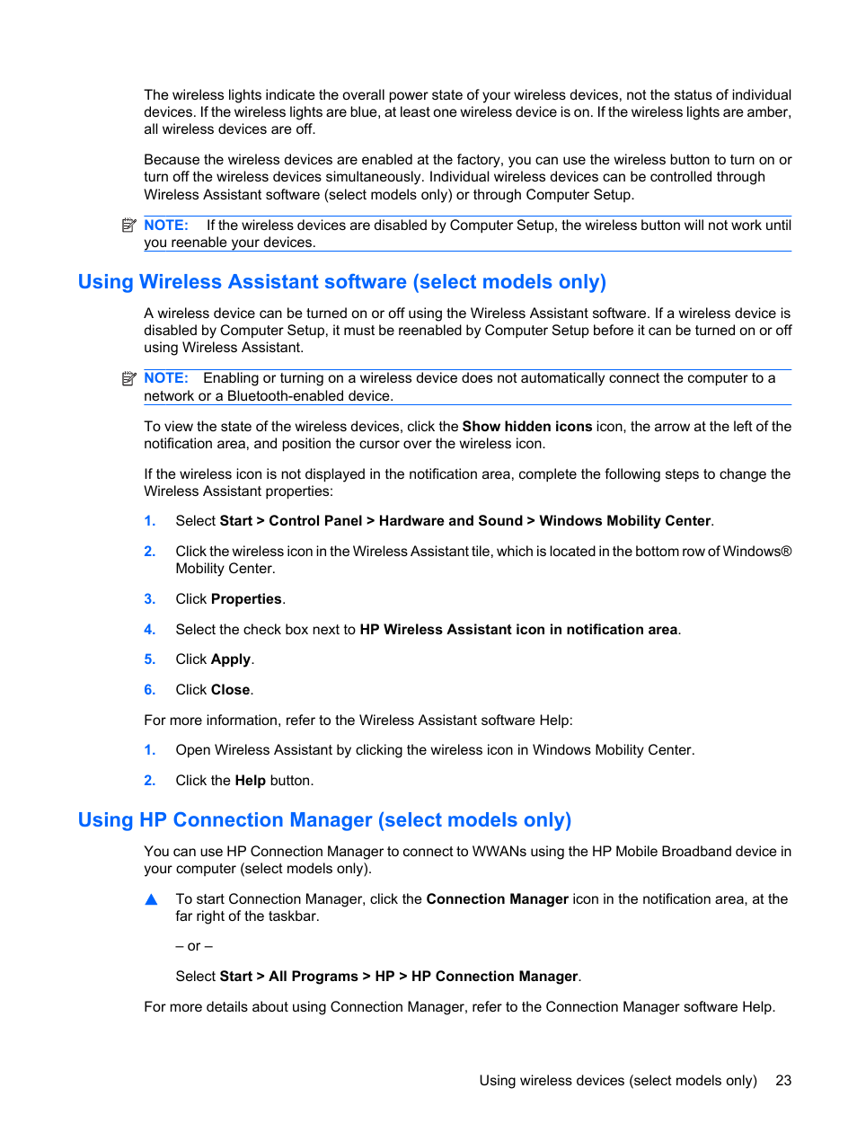 Using hp connection manager (select models only) | HP ProBook 6450b Notebook-PC User Manual | Page 33 / 181