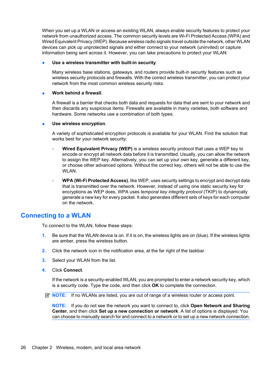 Connecting to a wlan | HP ProBook 6450b Notebook-PC User Manual | Page 36 / 181