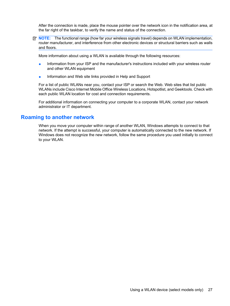 Roaming to another network | HP ProBook 6450b Notebook-PC User Manual | Page 37 / 181
