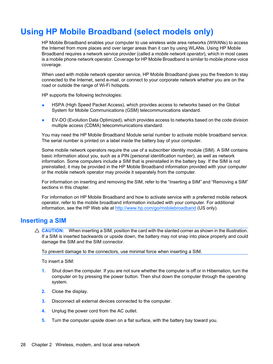 Using hp mobile broadband (select models only), Inserting a sim | HP ProBook 6450b Notebook-PC User Manual | Page 38 / 181