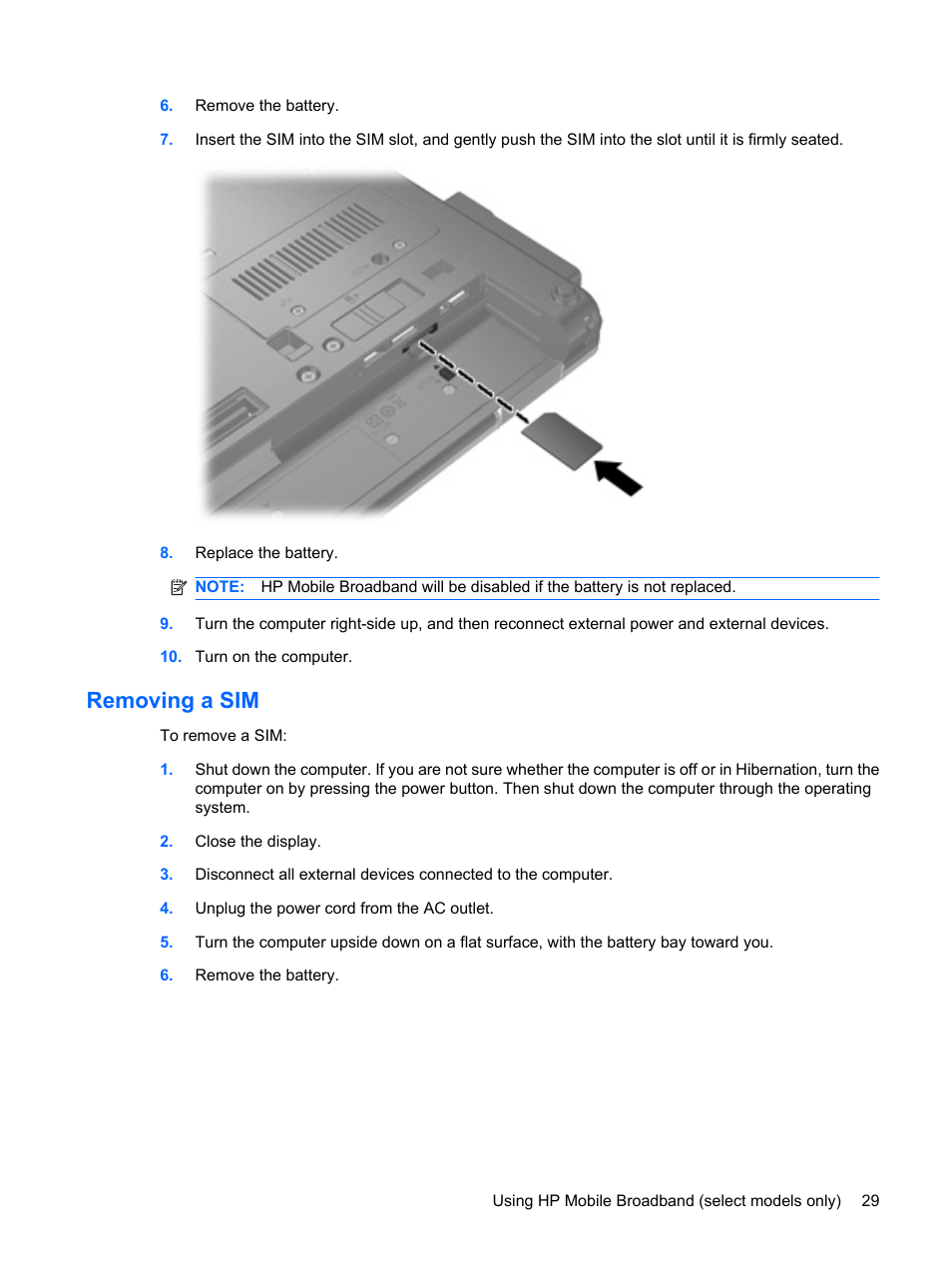 Removing a sim | HP ProBook 6450b Notebook-PC User Manual | Page 39 / 181