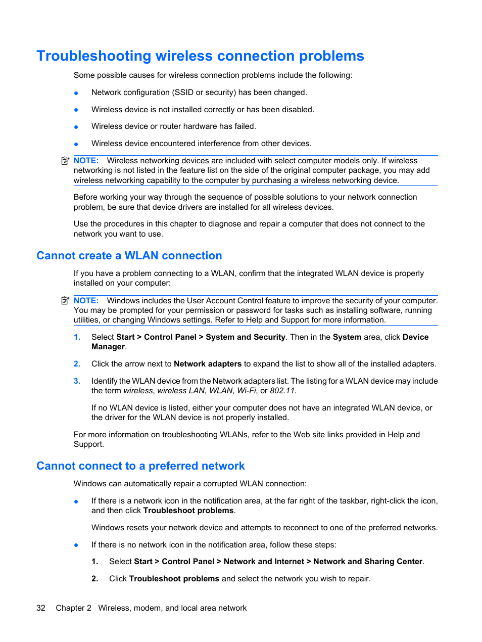 Troubleshooting wireless connection problems, Cannot create a wlan connection, Cannot connect to a preferred network | HP ProBook 6450b Notebook-PC User Manual | Page 42 / 181