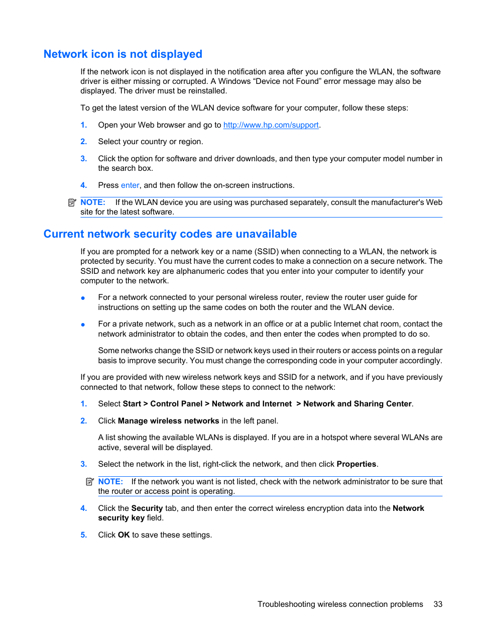 Network icon is not displayed, Current network security codes are unavailable | HP ProBook 6450b Notebook-PC User Manual | Page 43 / 181