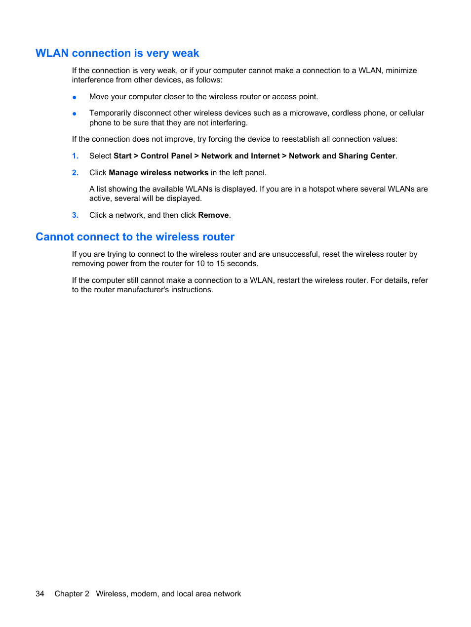 Wlan connection is very weak, Cannot connect to the wireless router | HP ProBook 6450b Notebook-PC User Manual | Page 44 / 181