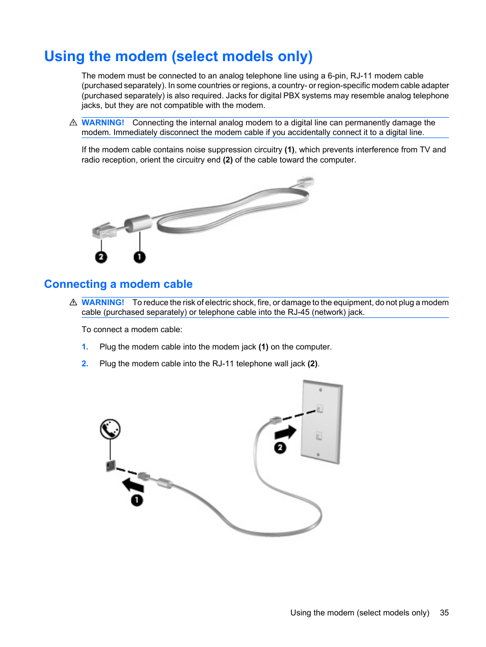 Using the modem (select models only), Connecting a modem cable | HP ProBook 6450b Notebook-PC User Manual | Page 45 / 181