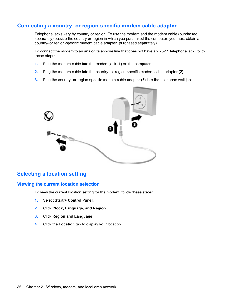 Selecting a location setting, Viewing the current location selection | HP ProBook 6450b Notebook-PC User Manual | Page 46 / 181