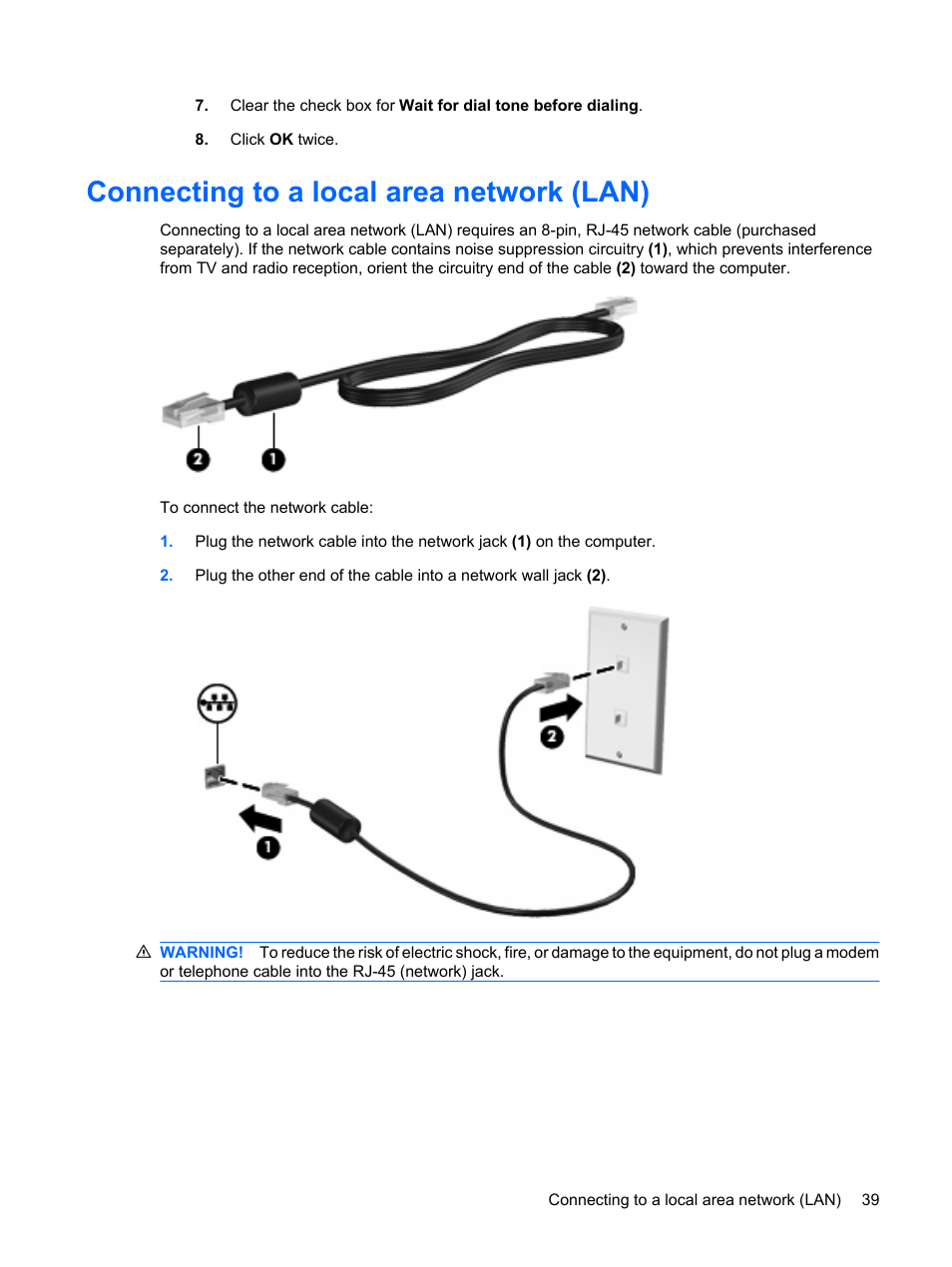 Connecting to a local area network (lan) | HP ProBook 6450b Notebook-PC User Manual | Page 49 / 181