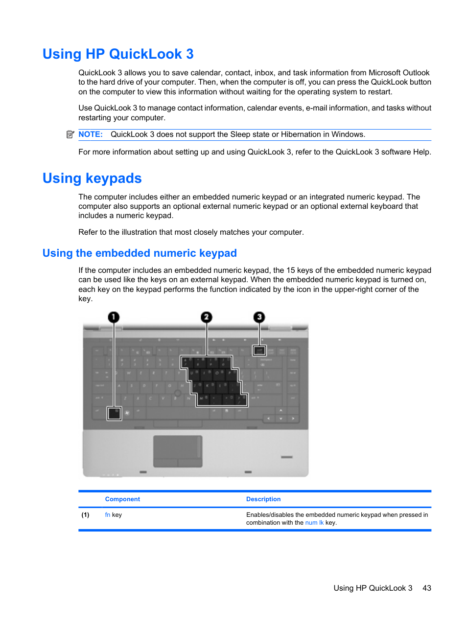 Using hp quicklook 3, Using keypads, Using the embedded numeric keypad | Using hp quicklook 3 using keypads | HP ProBook 6450b Notebook-PC User Manual | Page 53 / 181