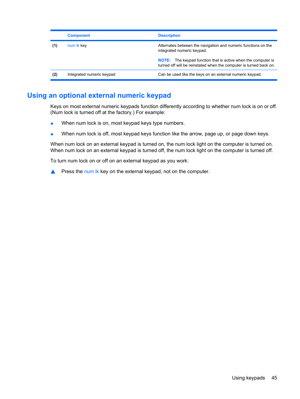 Using an optional external numeric keypad | HP ProBook 6450b Notebook-PC User Manual | Page 55 / 181