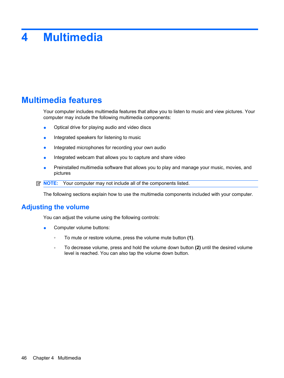 Multimedia, Multimedia features, Adjusting the volume | 4 multimedia, 4multimedia | HP ProBook 6450b Notebook-PC User Manual | Page 56 / 181