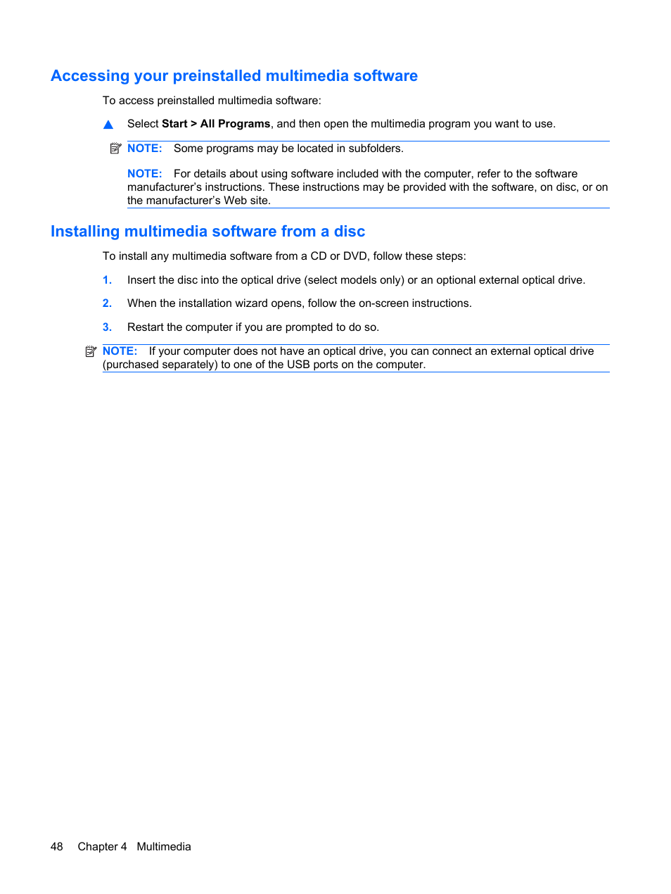 Accessing your preinstalled multimedia software, Installing multimedia software from a disc | HP ProBook 6450b Notebook-PC User Manual | Page 58 / 181