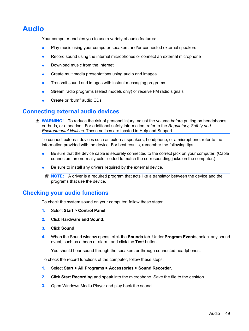 Audio, Connecting external audio devices, Checking your audio functions | HP ProBook 6450b Notebook-PC User Manual | Page 59 / 181