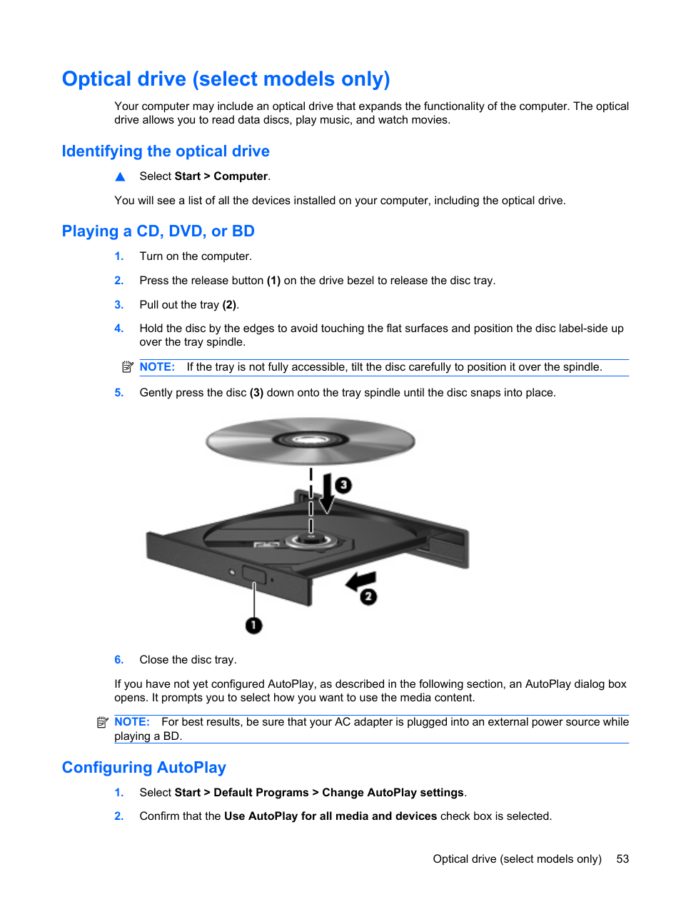 Optical drive (select models only), Identifying the optical drive, Playing a cd, dvd, or bd | Configuring autoplay | HP ProBook 6450b Notebook-PC User Manual | Page 63 / 181