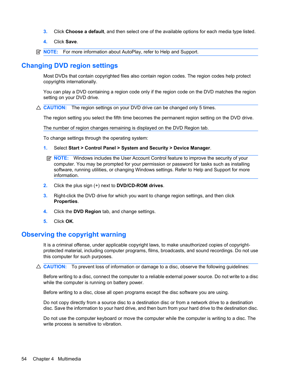 Changing dvd region settings, Observing the copyright warning | HP ProBook 6450b Notebook-PC User Manual | Page 64 / 181