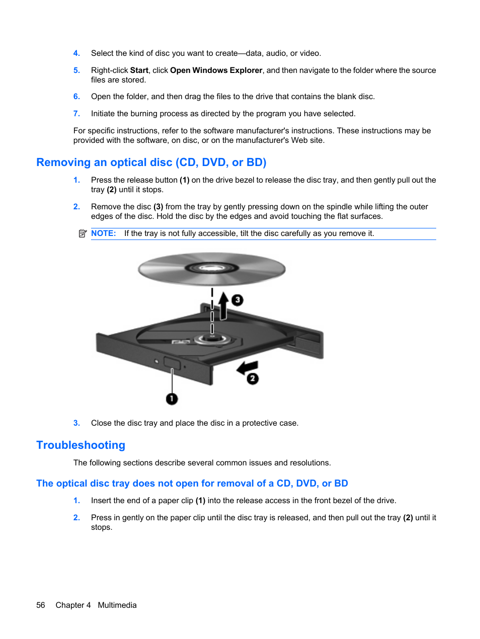 Removing an optical disc (cd, dvd, or bd), Troubleshooting | HP ProBook 6450b Notebook-PC User Manual | Page 66 / 181