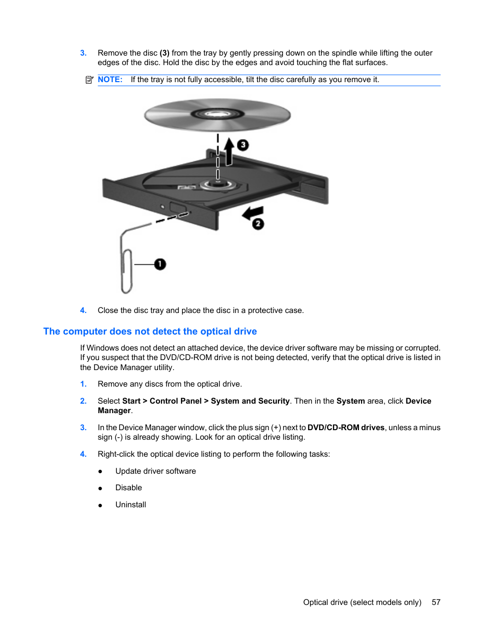 The computer does not detect the optical drive | HP ProBook 6450b Notebook-PC User Manual | Page 67 / 181