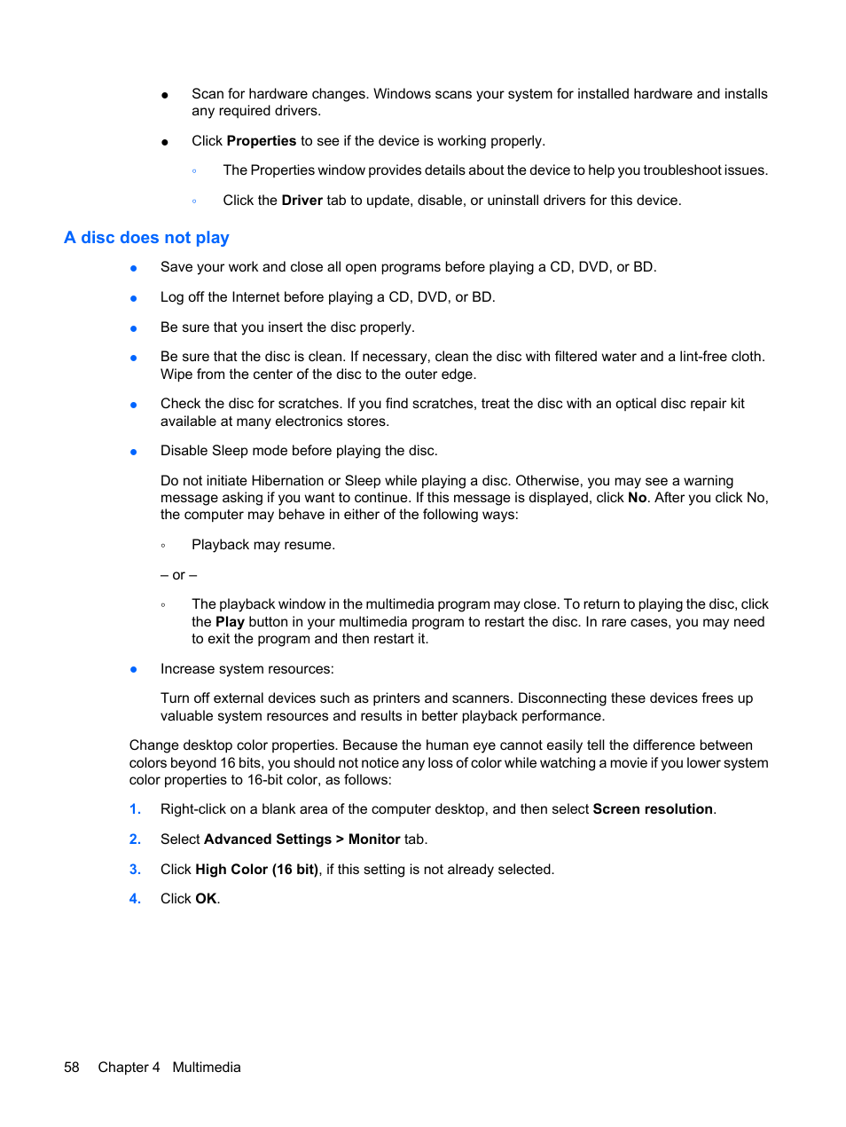 A disc does not play | HP ProBook 6450b Notebook-PC User Manual | Page 68 / 181