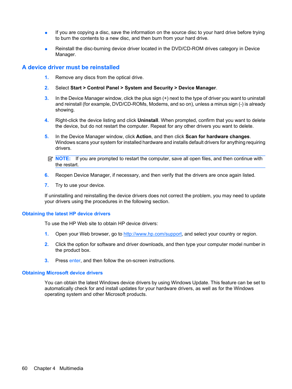 A device driver must be reinstalled, Obtaining the latest hp device drivers, Obtaining microsoft device drivers | HP ProBook 6450b Notebook-PC User Manual | Page 70 / 181