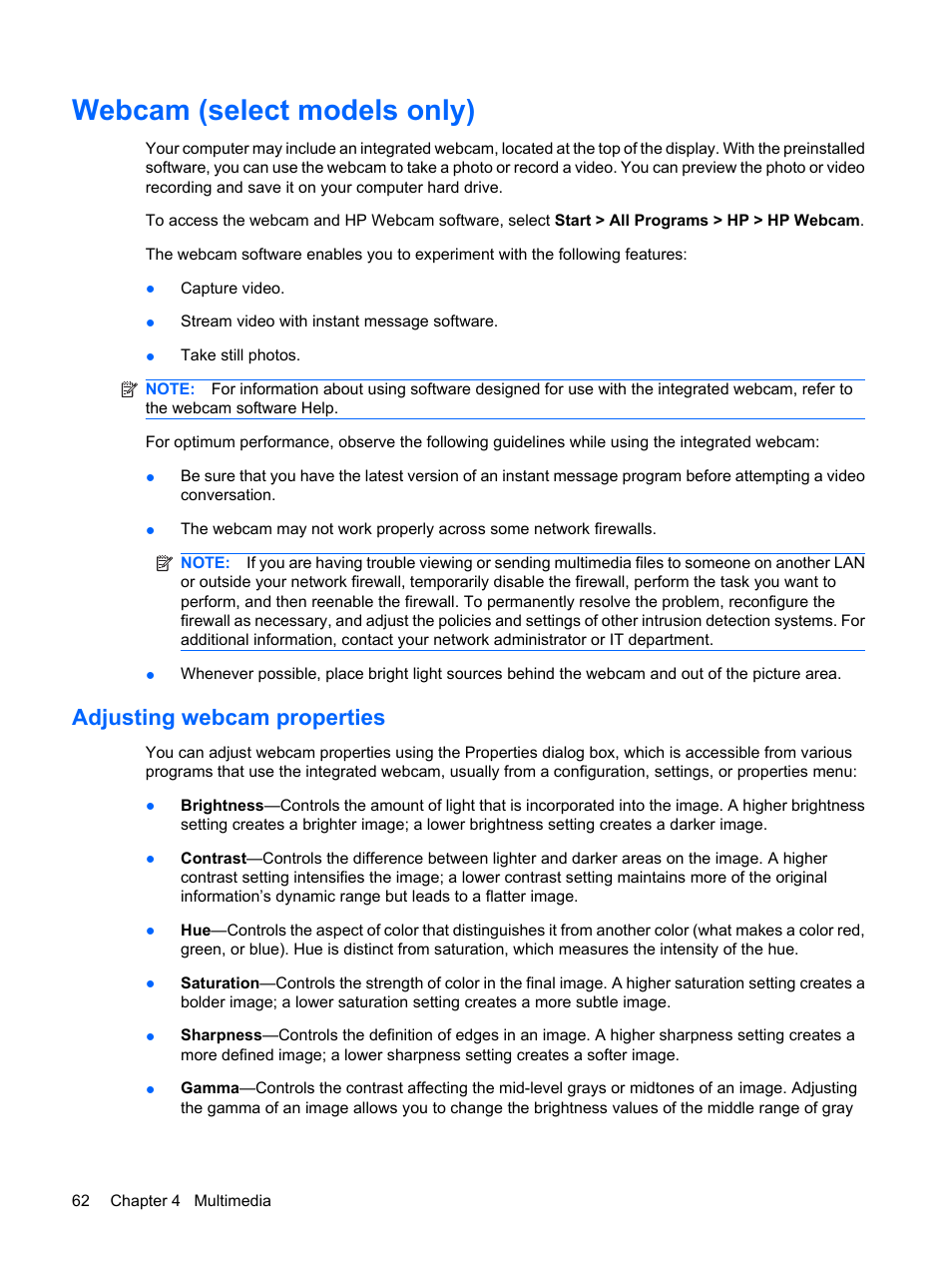 Webcam (select models only), Adjusting webcam properties | HP ProBook 6450b Notebook-PC User Manual | Page 72 / 181