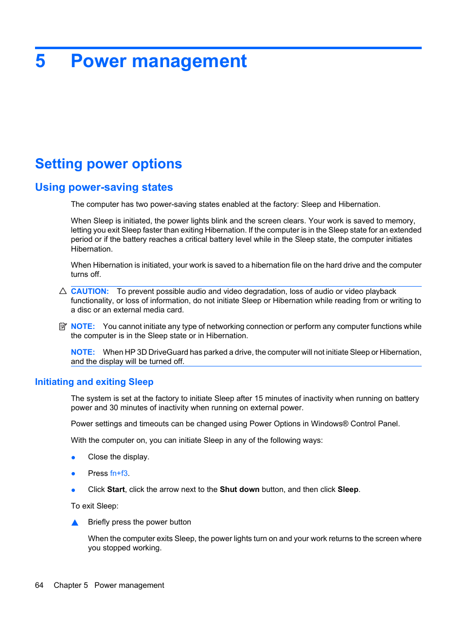 Power management, Setting power options, Using power-saving states | Initiating and exiting sleep, 5 power management, 5power management | HP ProBook 6450b Notebook-PC User Manual | Page 74 / 181