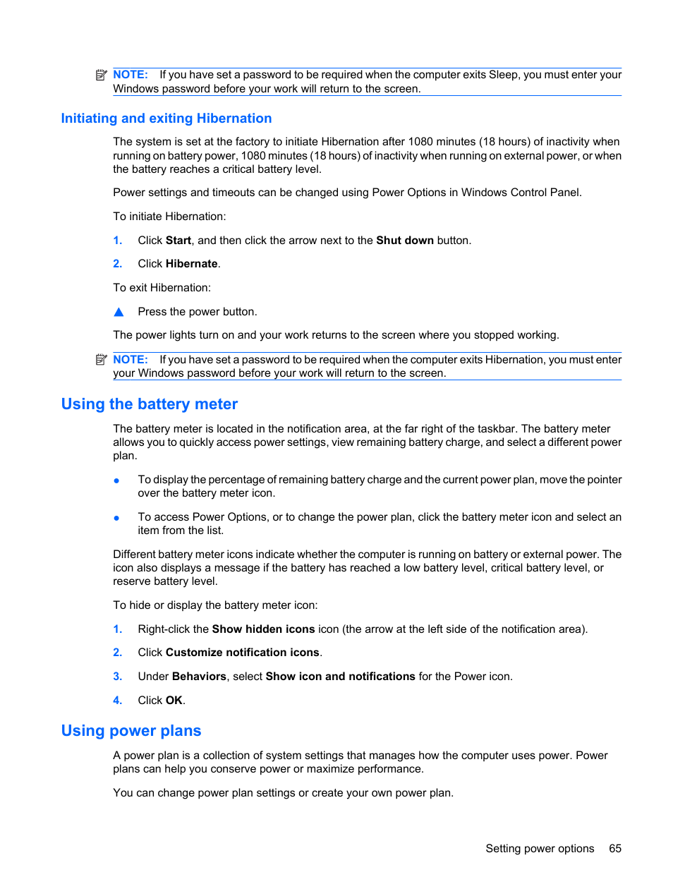 Initiating and exiting hibernation, Using the battery meter, Using power plans | Using the battery meter using power plans | HP ProBook 6450b Notebook-PC User Manual | Page 75 / 181