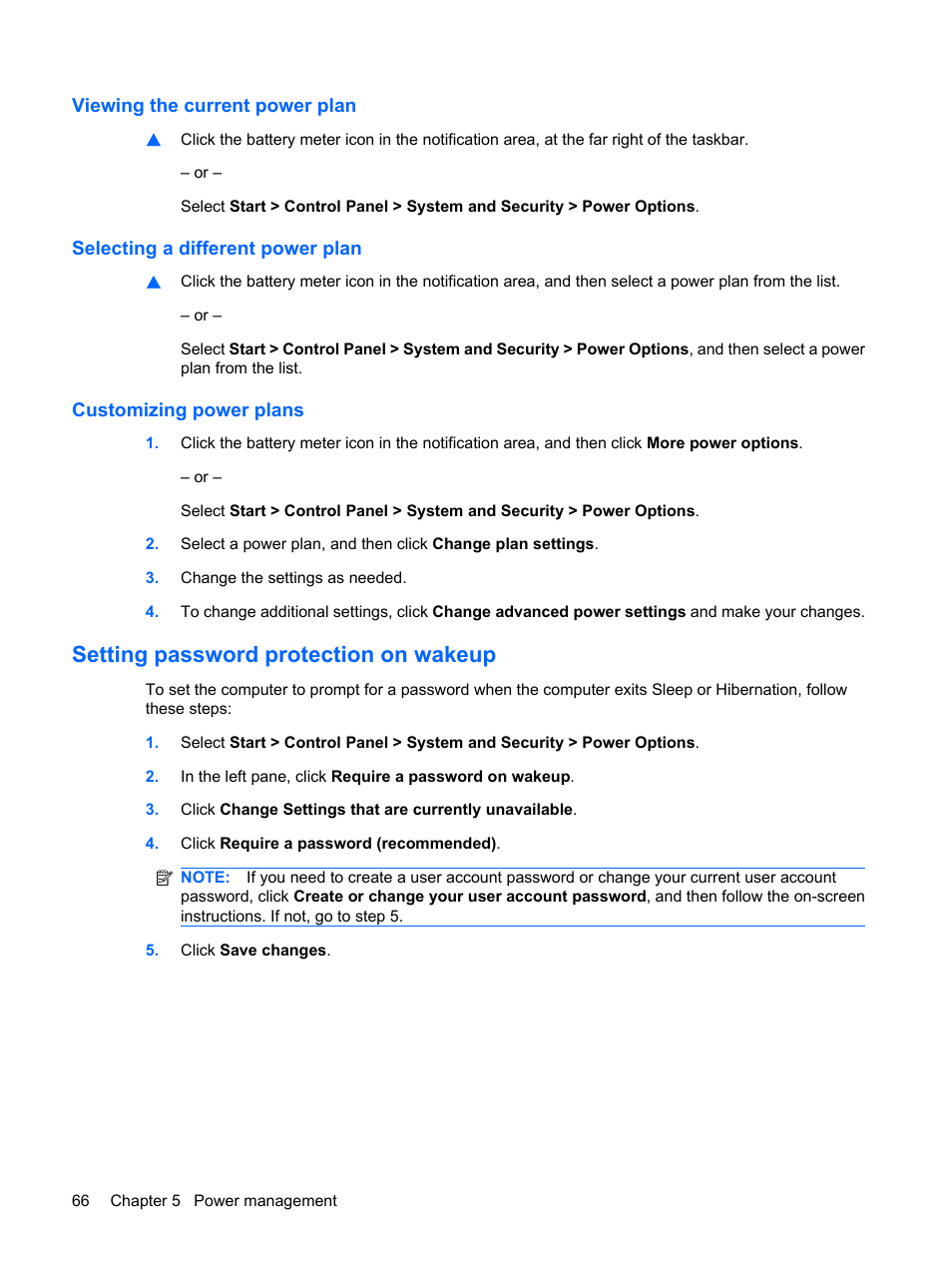 Viewing the current power plan, Selecting a different power plan, Customizing power plans | Setting password protection on wakeup | HP ProBook 6450b Notebook-PC User Manual | Page 76 / 181