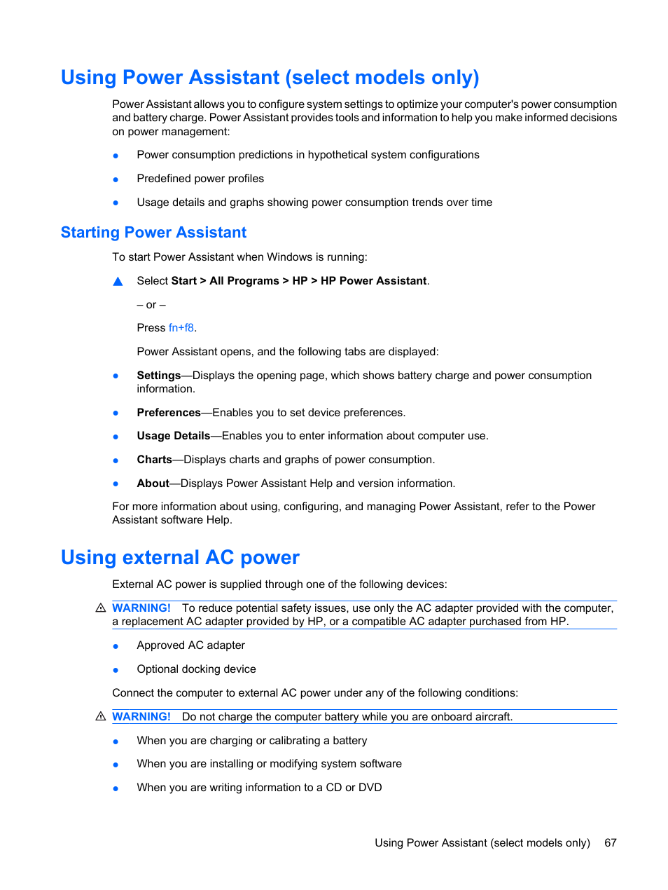 Using power assistant (select models only), Starting power assistant, Using external ac power | HP ProBook 6450b Notebook-PC User Manual | Page 77 / 181