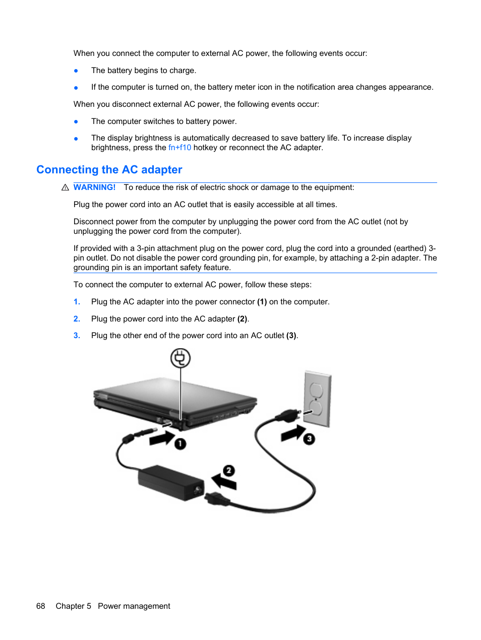 Connecting the ac adapter | HP ProBook 6450b Notebook-PC User Manual | Page 78 / 181