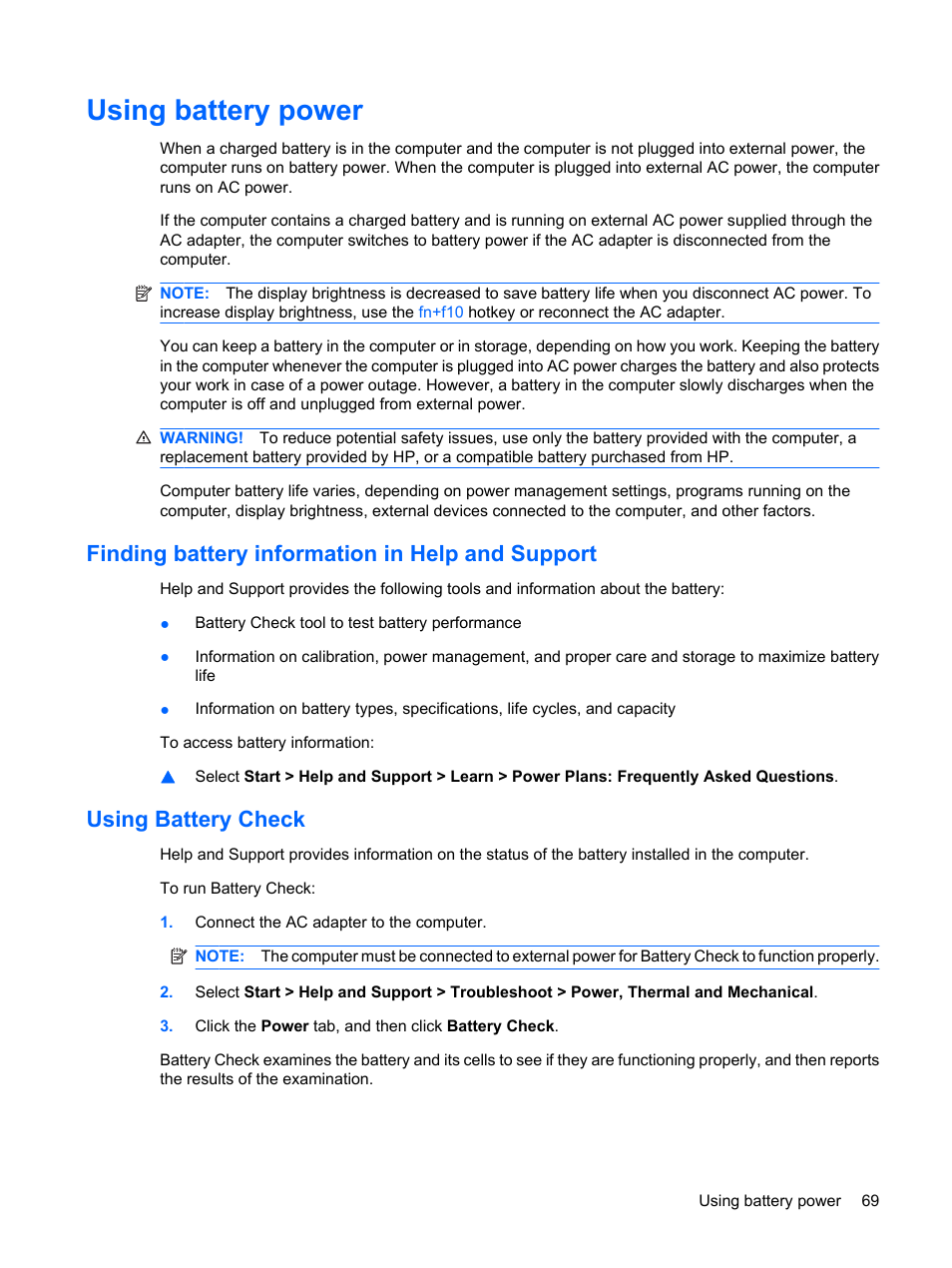 Using battery power, Finding battery information in help and support, Using battery check | HP ProBook 6450b Notebook-PC User Manual | Page 79 / 181