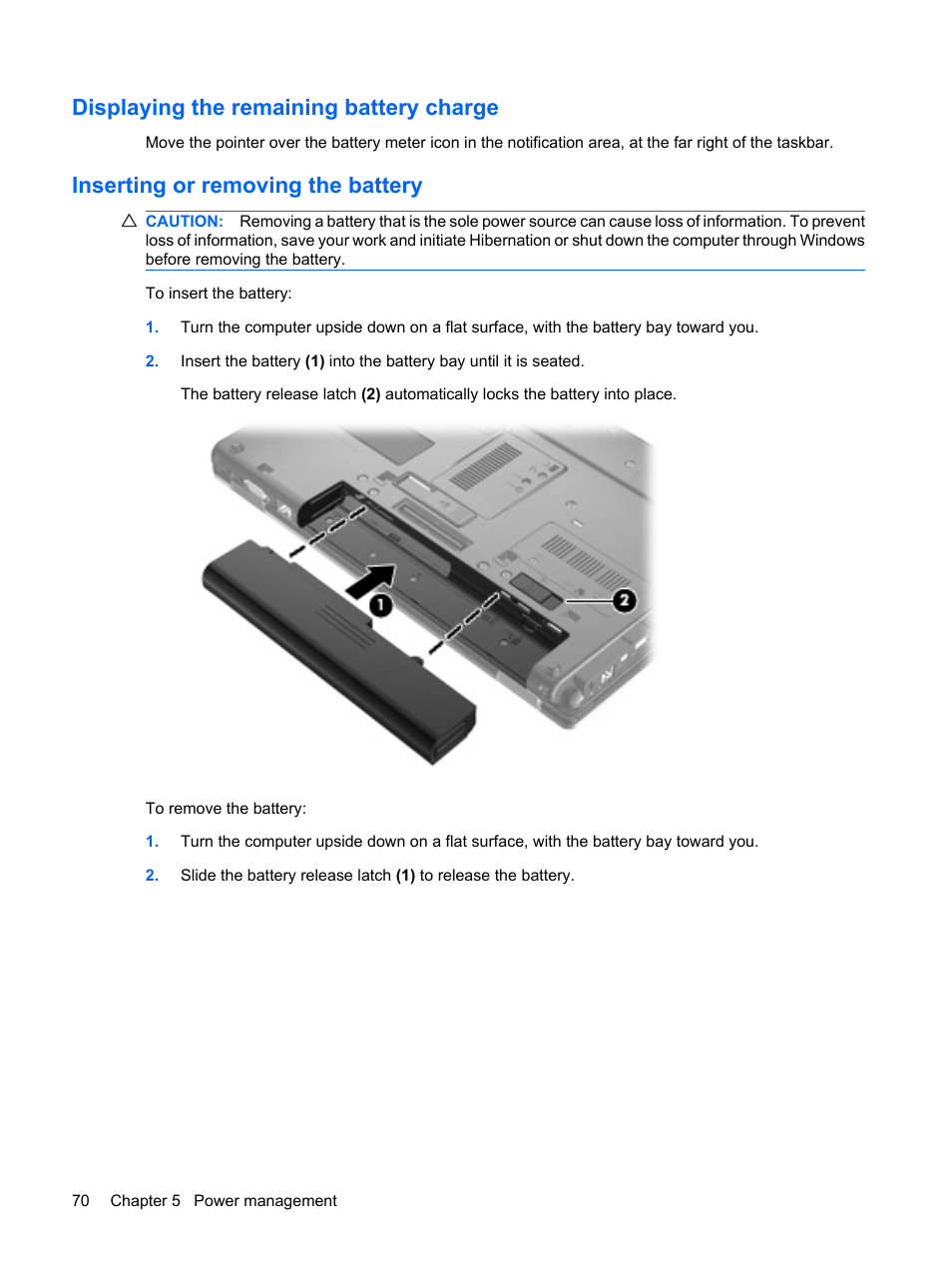 Displaying the remaining battery charge, Inserting or removing the battery | HP ProBook 6450b Notebook-PC User Manual | Page 80 / 181