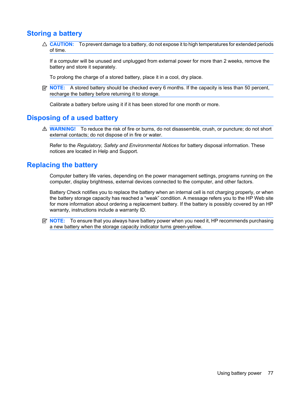 Storing a battery, Disposing of a used battery, Replacing the battery | HP ProBook 6450b Notebook-PC User Manual | Page 87 / 181