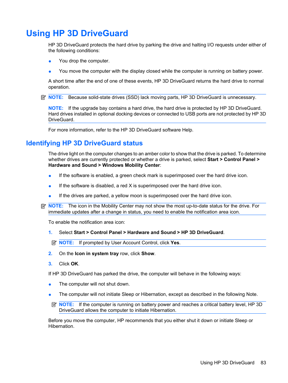Using hp 3d driveguard, Identifying hp 3d driveguard status | HP ProBook 6450b Notebook-PC User Manual | Page 93 / 181