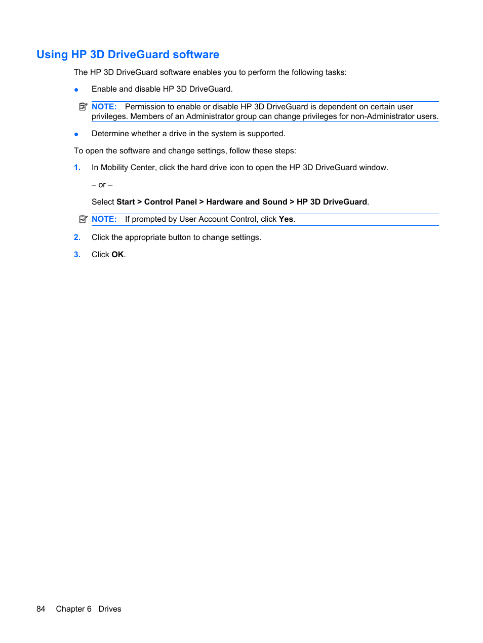 Using hp 3d driveguard software | HP ProBook 6450b Notebook-PC User Manual | Page 94 / 181