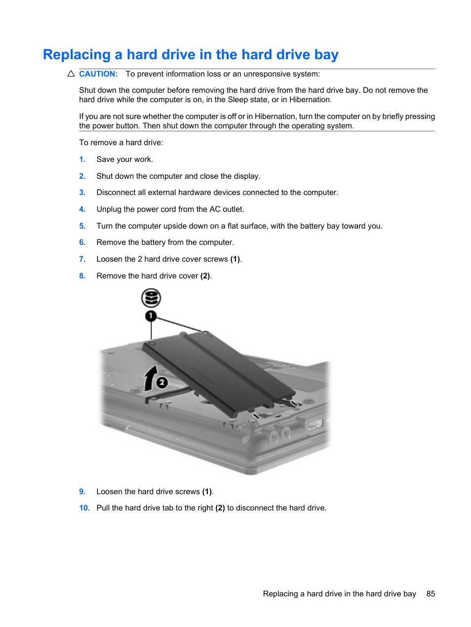 Replacing a hard drive in the hard drive bay | HP ProBook 6450b Notebook-PC User Manual | Page 95 / 181