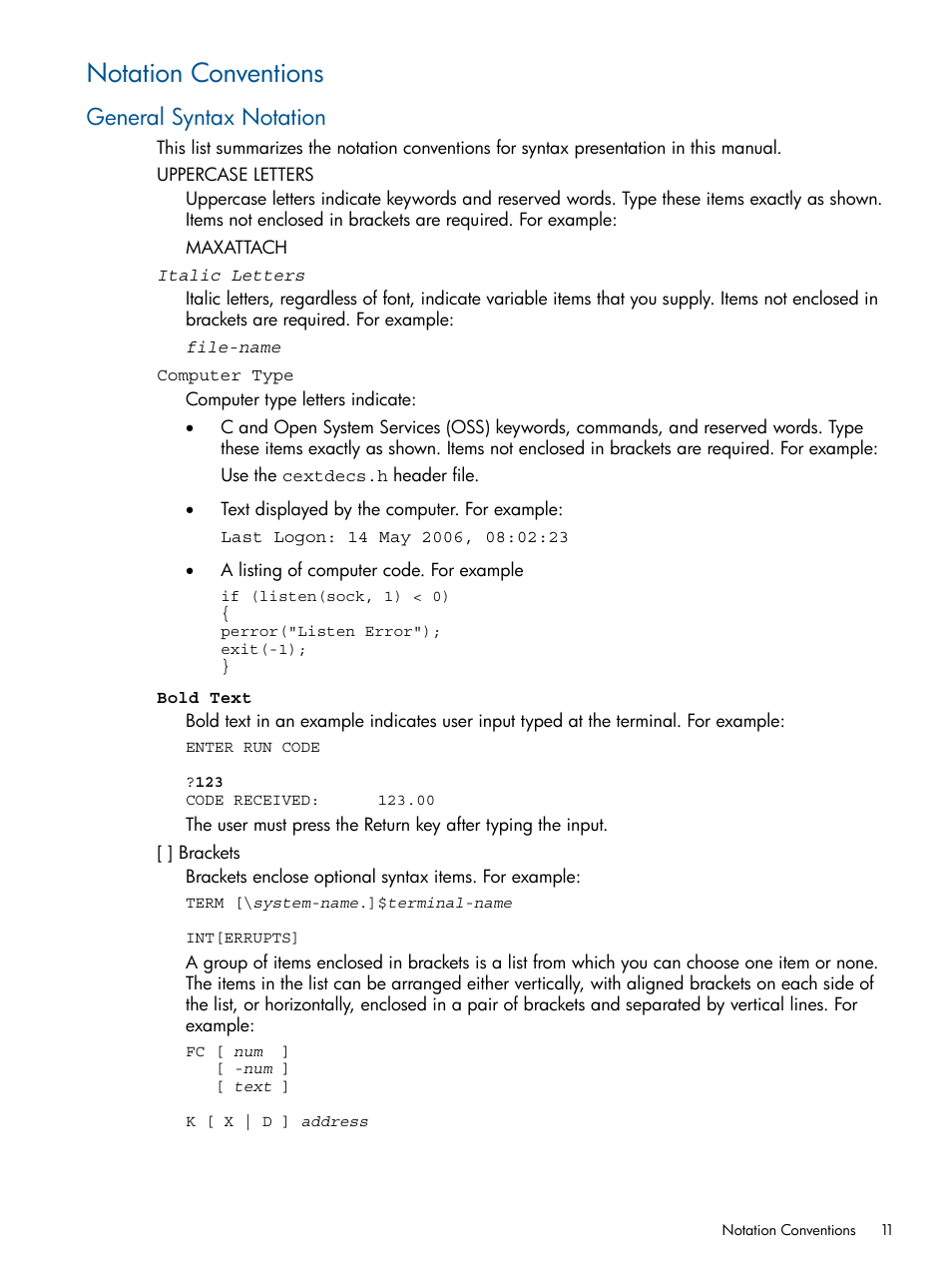 Notation conventions, General syntax notation | HP Integrity NonStop J-Series User Manual | Page 11 / 470