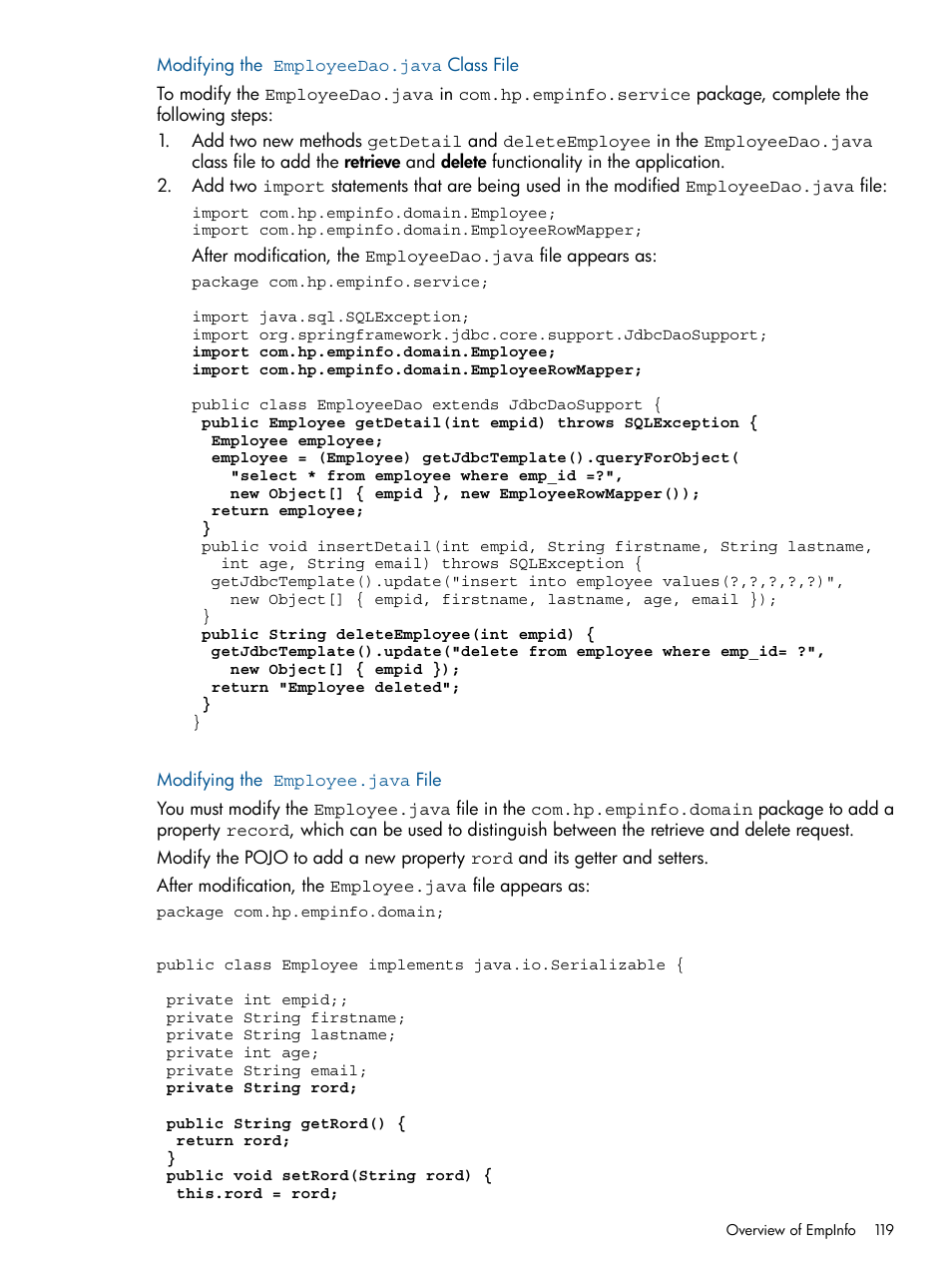 Modifying the employeedao.java class file, Modifying the employee.java file | HP Integrity NonStop J-Series User Manual | Page 119 / 470