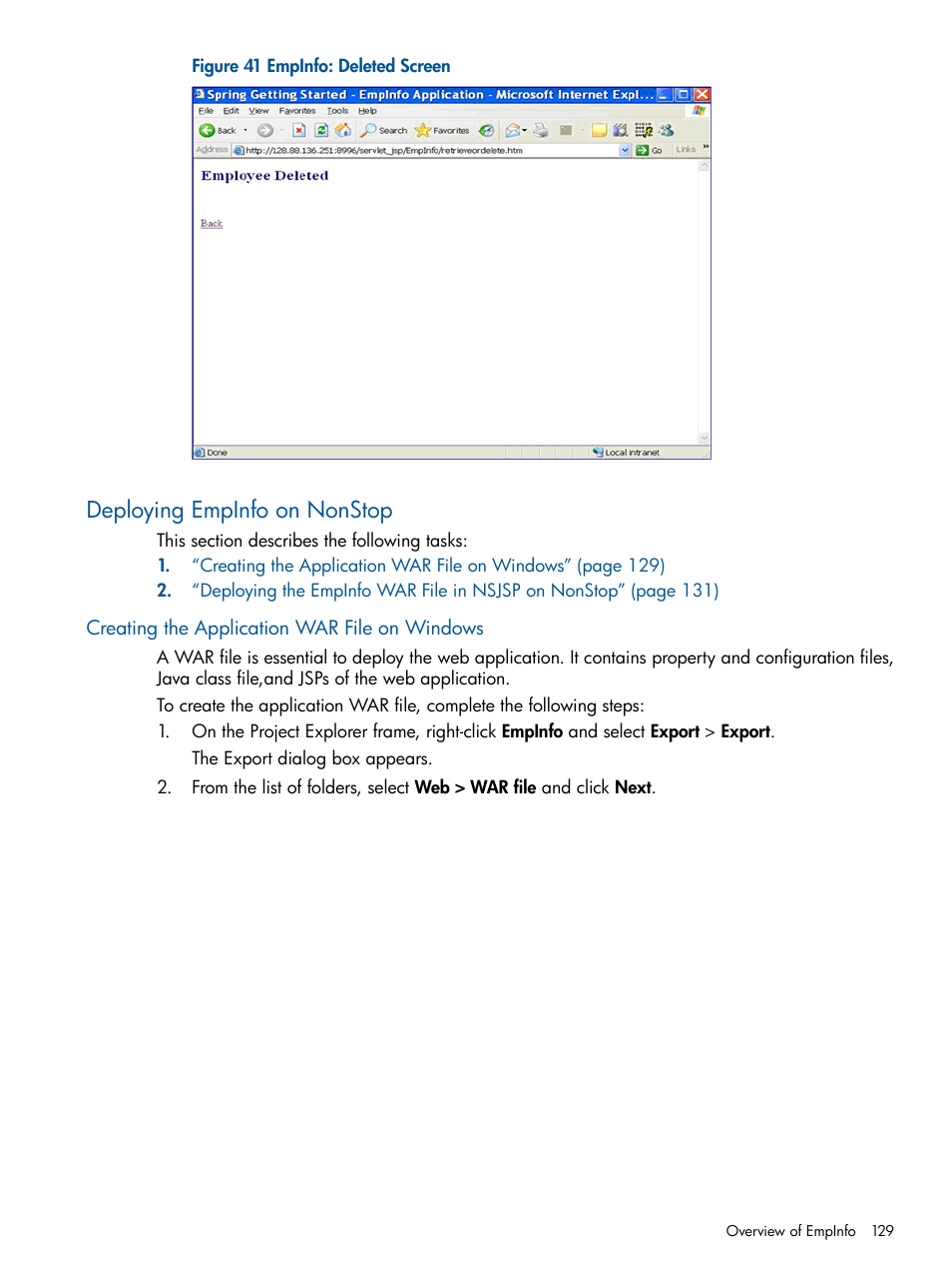 Deploying empinfo on nonstop, Creating the application war file on windows, Deploying empinfo on | HP Integrity NonStop J-Series User Manual | Page 129 / 470