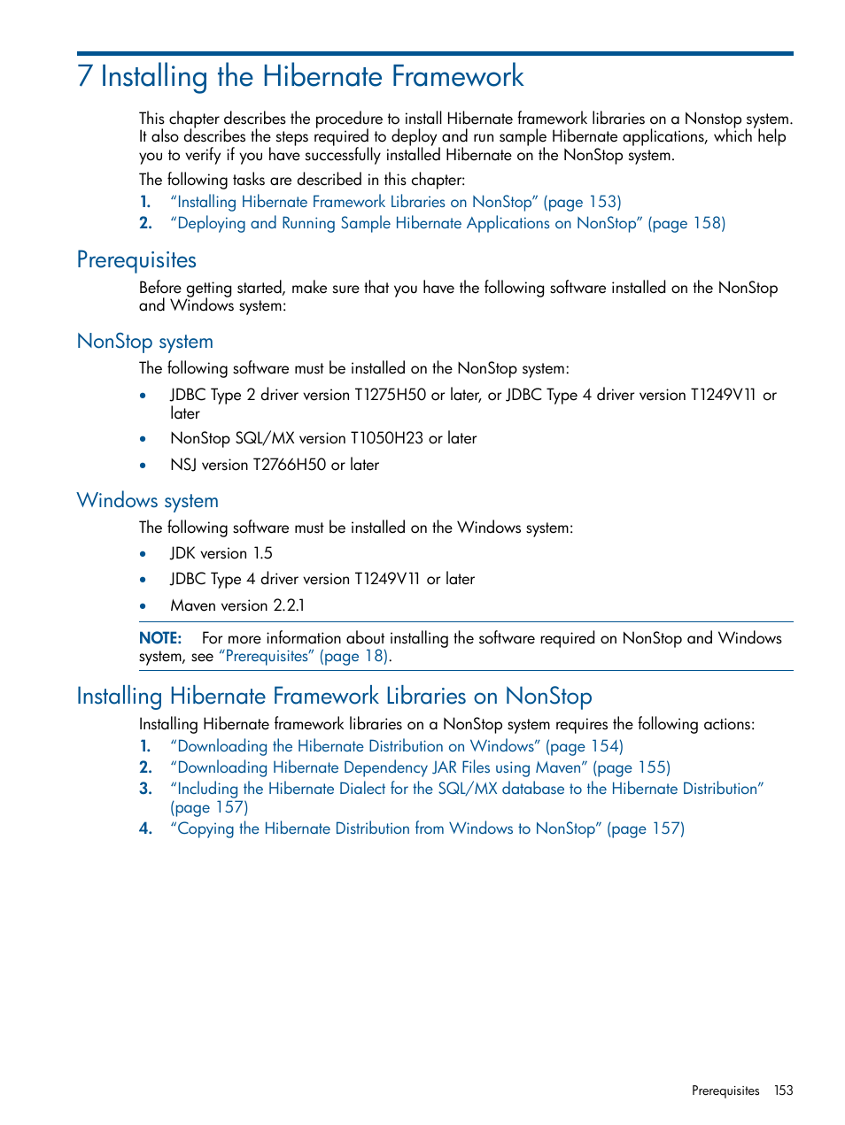 7 installing the hibernate framework, Prerequisites, Nonstop system | Windows system, Nonstop system windows system, Chapter 7: installing the hibernate framework | HP Integrity NonStop J-Series User Manual | Page 153 / 470