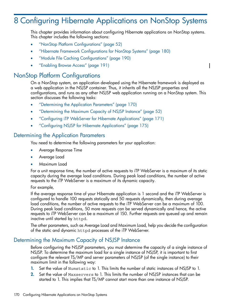 Nonstop platform configurations, Determining the application parameters, Determining the maximum capacity of nsjsp instance | HP Integrity NonStop J-Series User Manual | Page 170 / 470