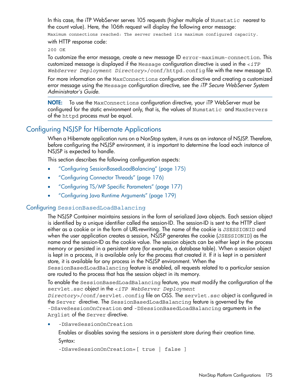 Configuring nsjsp for hibernate applications, Configuring sessionbasedloadbalancing | HP Integrity NonStop J-Series User Manual | Page 175 / 470