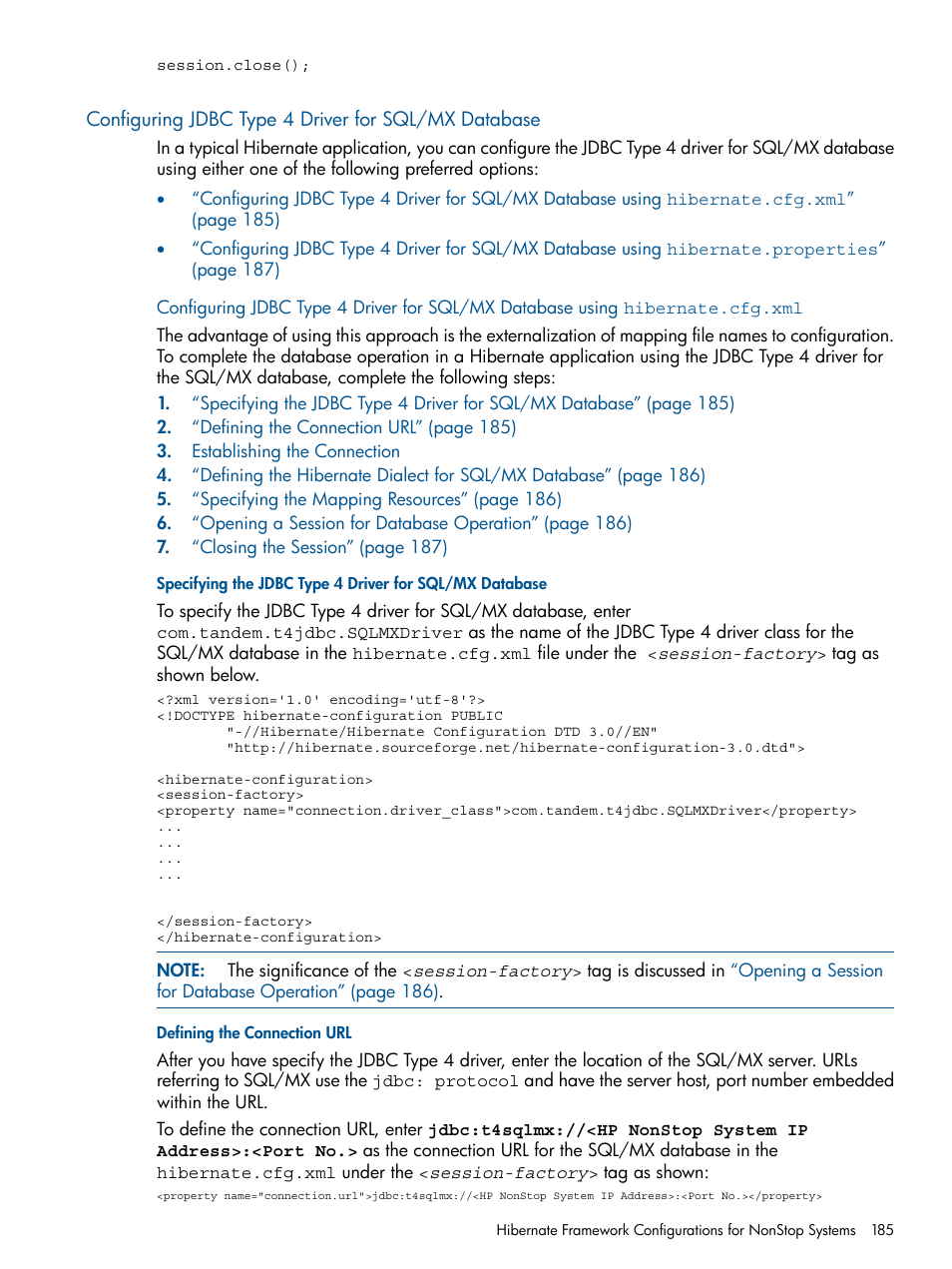 Configuring jdbc type 4 driver for sql/mx database, Defining the connection url | HP Integrity NonStop J-Series User Manual | Page 185 / 470