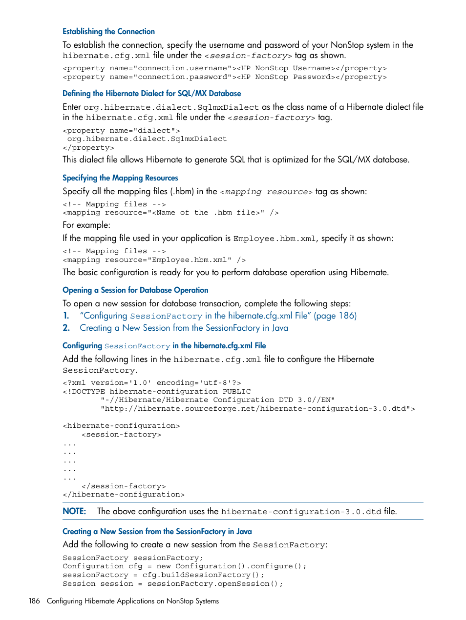 Establishing the connection, Defining the hibernate dialect for sql/mx database, Specifying the mapping resources | Opening a session for database operation, Opening a session | HP Integrity NonStop J-Series User Manual | Page 186 / 470