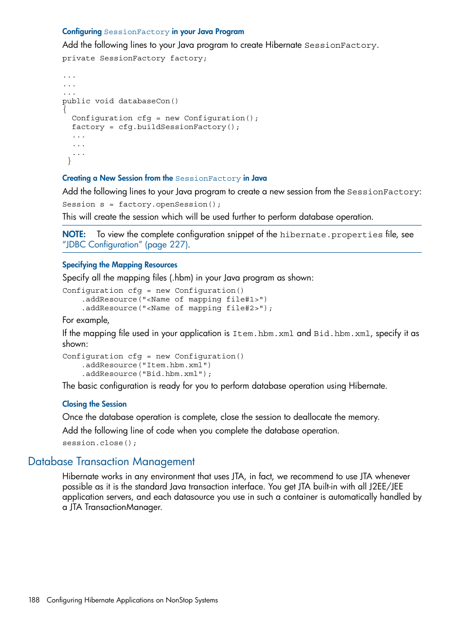 Configuring sessionfactory in your java program, Specifying the mapping resources, Closing the session | Database transaction management | HP Integrity NonStop J-Series User Manual | Page 188 / 470
