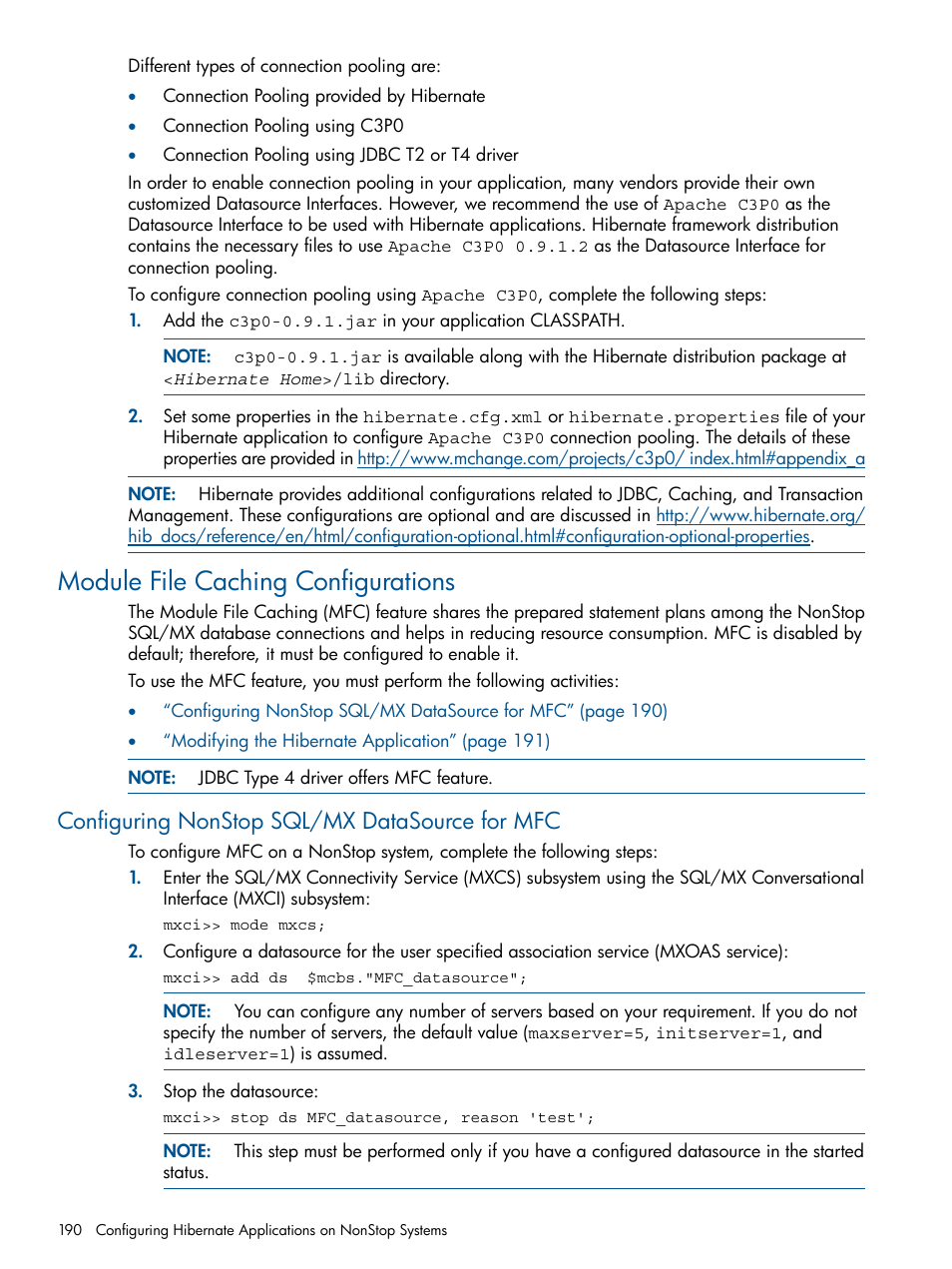 Module file caching configurations, Configuring nonstop sql/mx datasource for mfc | HP Integrity NonStop J-Series User Manual | Page 190 / 470