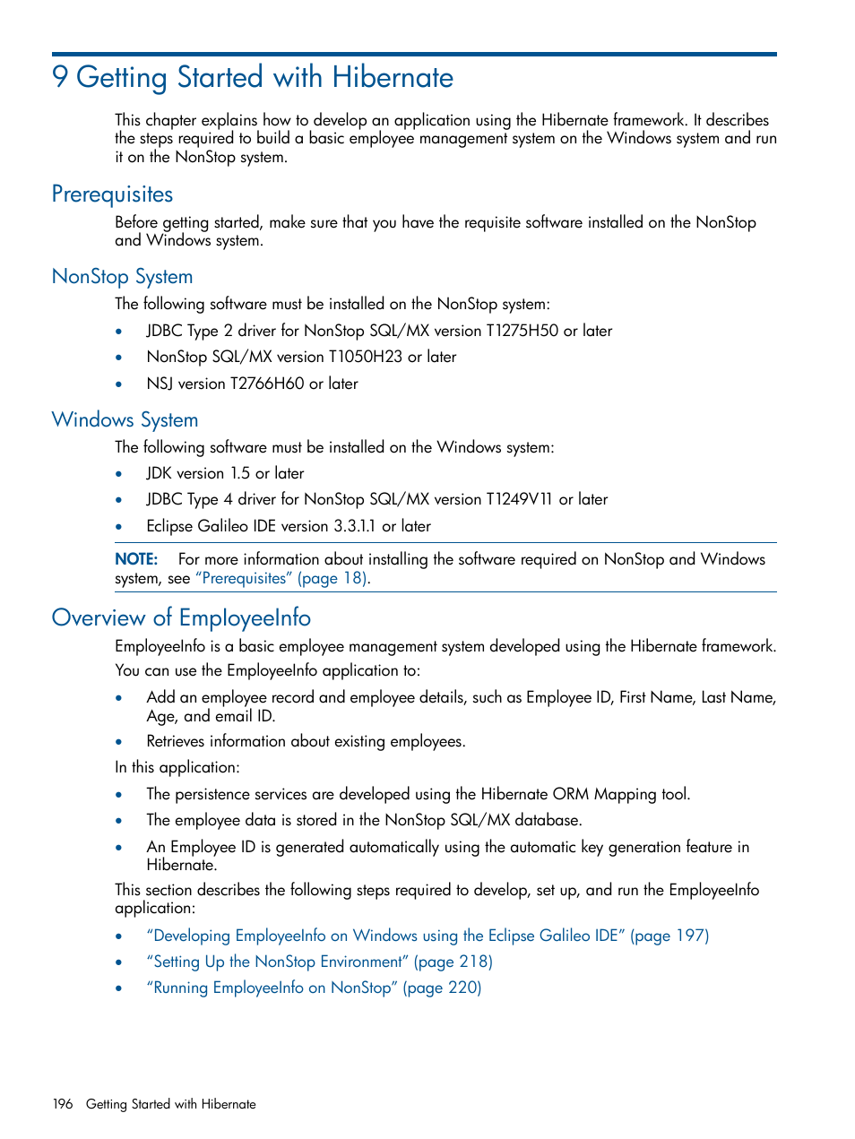 9 getting started with hibernate, Prerequisites, Nonstop system | Windows system, Overview of empioyeeinfo, Nonstop system windows system, Chapter 9: getting started with hibernate | HP Integrity NonStop J-Series User Manual | Page 196 / 470
