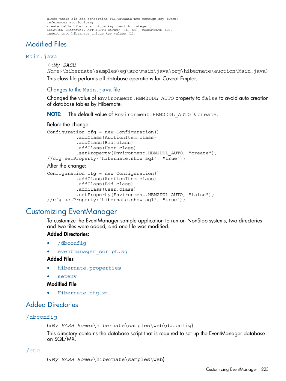 Modified files, Main.java, Customizing eventmanager | Added directories, Dbconfig | HP Integrity NonStop J-Series User Manual | Page 223 / 470